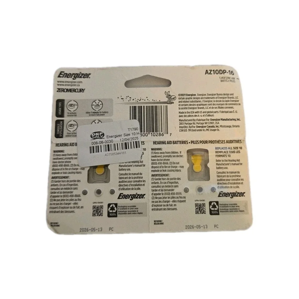 Energizer Hearing Aid Batteries Size 10, Yellow Tab, 16 Pack